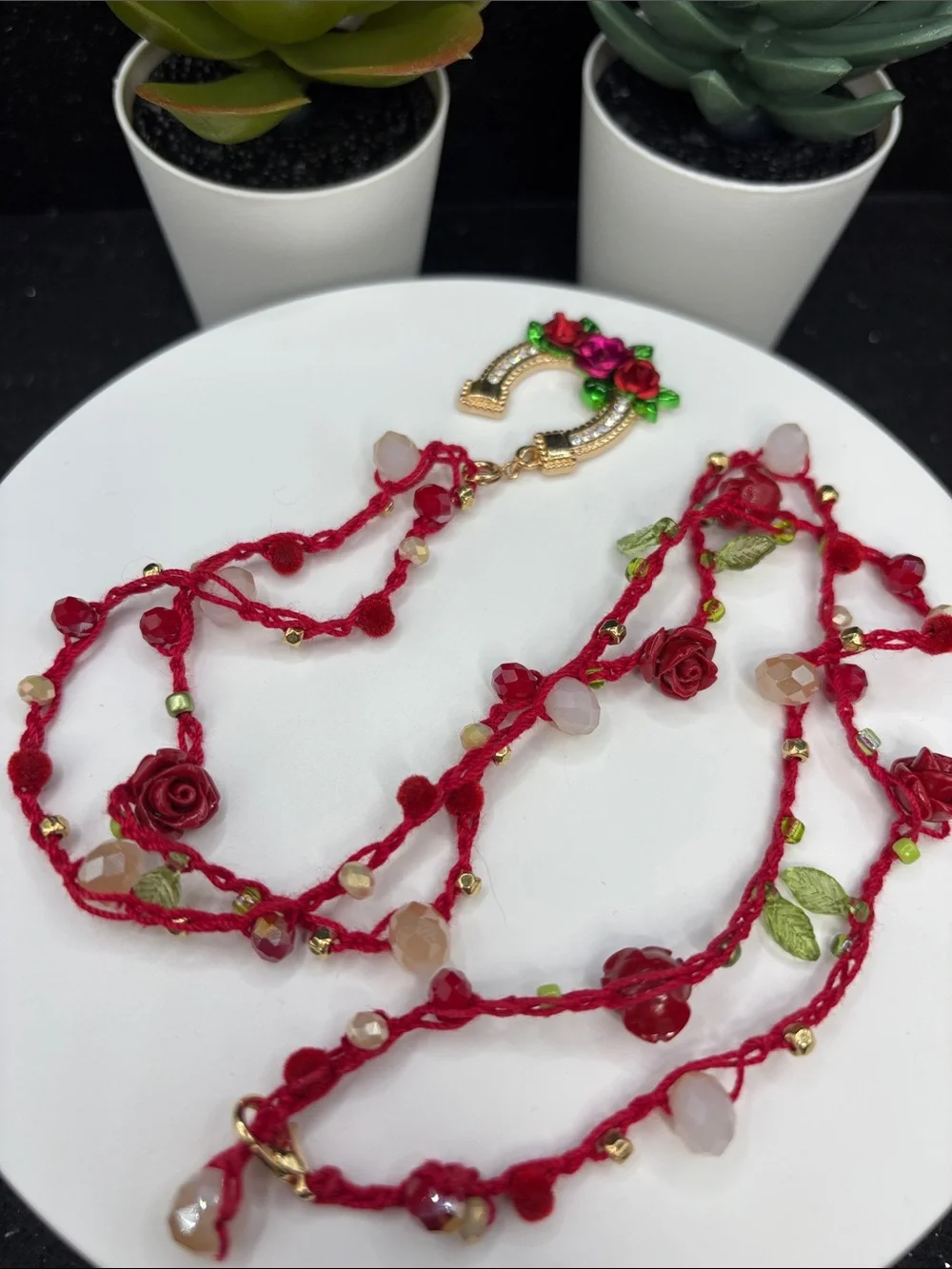 Handcrafted Red Rose Horseshoe Pendant Necklace